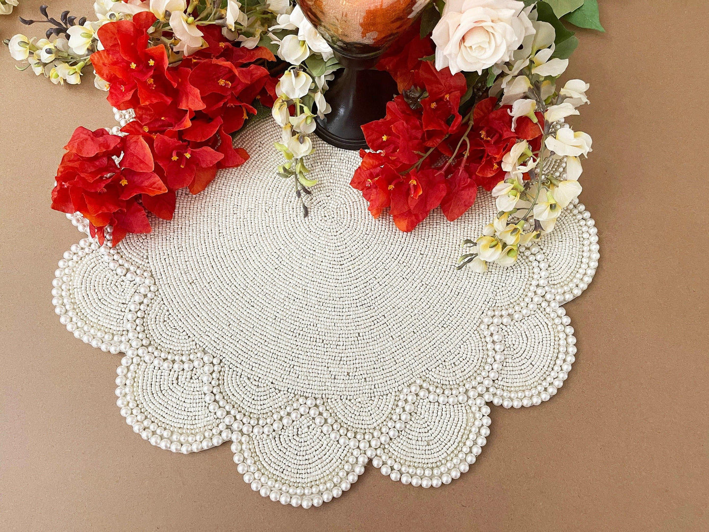 Large Pearl Flower Round Beaded Placemat - MAIA HOMES