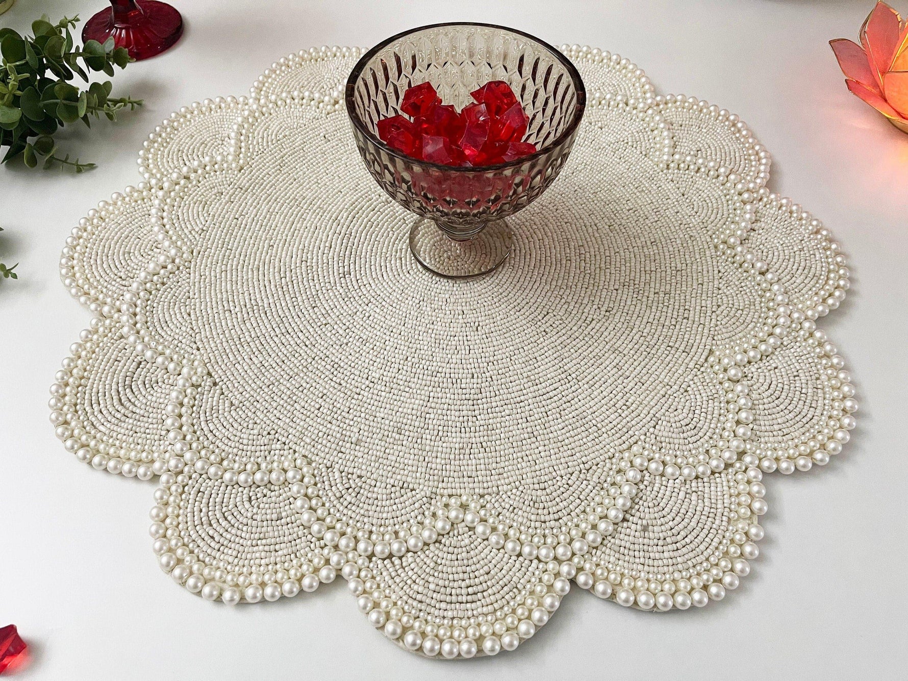 Large Pearl Flower Round Beaded Placemat