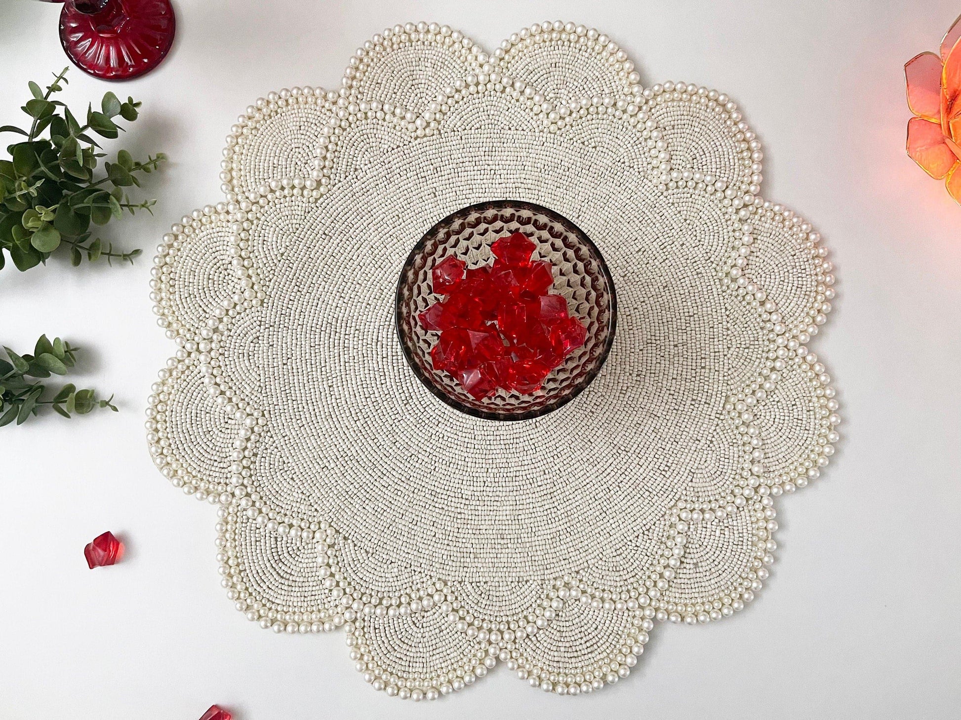 Large Pearl Flower Round Beaded Placemat - MAIA HOMES