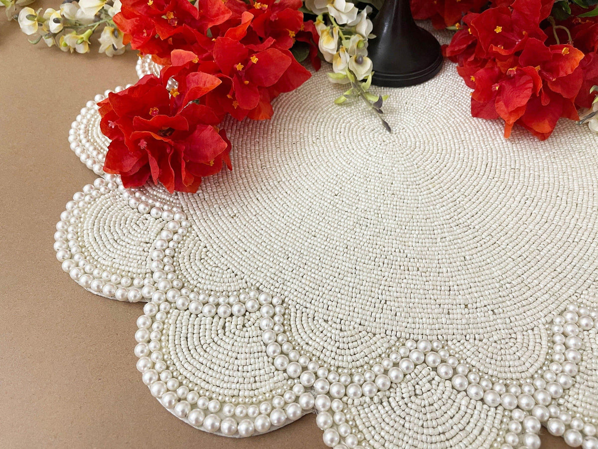 Large Pearl Flower Round Beaded Placemat