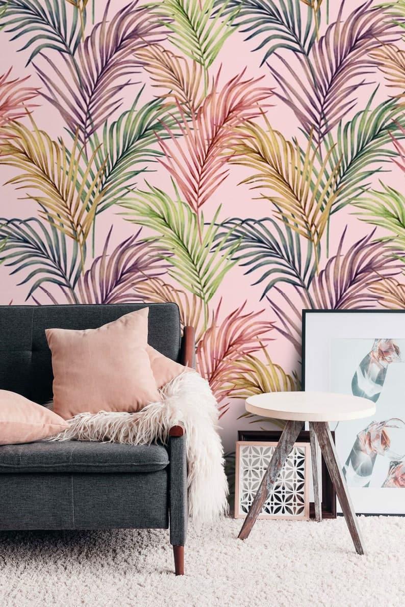 Large Pink Palm Leaves Wallpaper