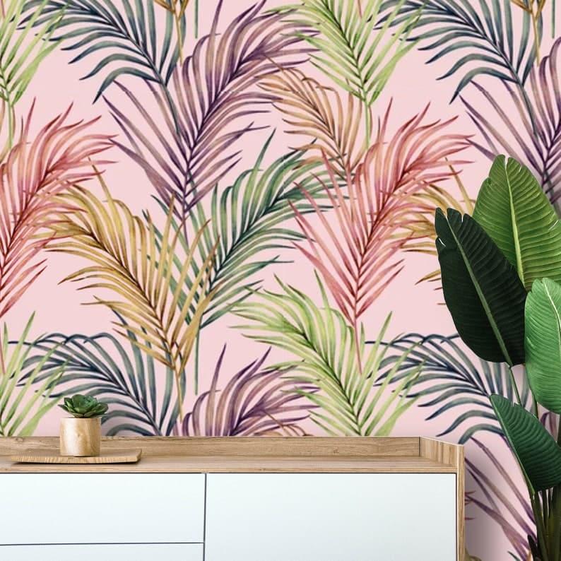 Large Pink Palm Leaves Wallpaper