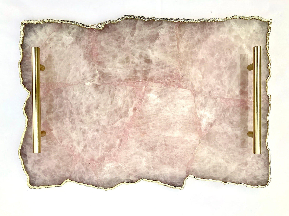 Large Rose Quartz Agate Serving Tray With Brass Handles OS