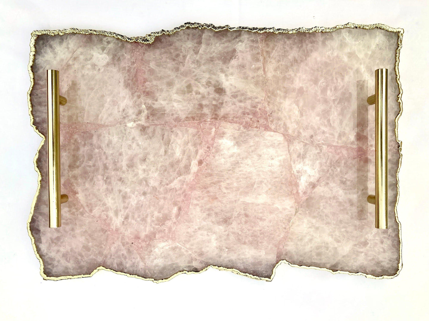 Large Rose Quartz Agate Serving Tray With Brass Handles - MAIA HOMES