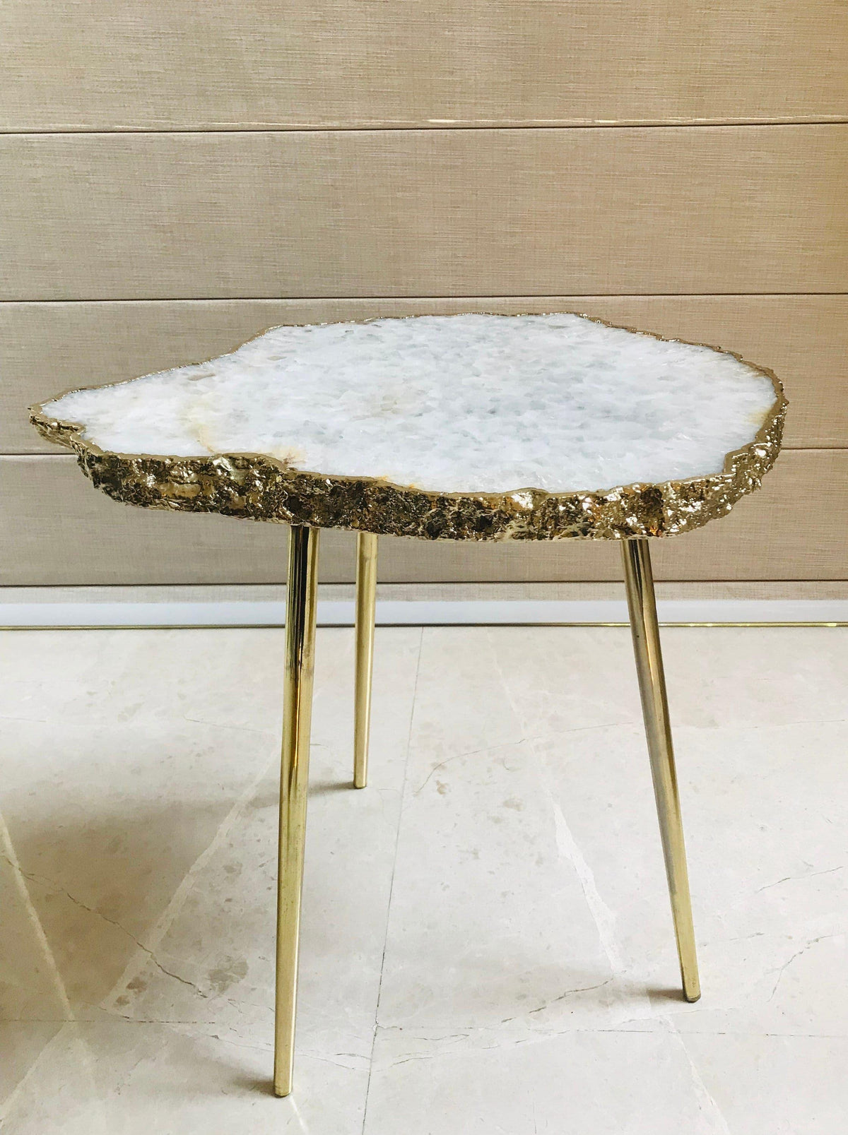 Large White Grey Agate Quartz Organic Edge Accent Table Silver