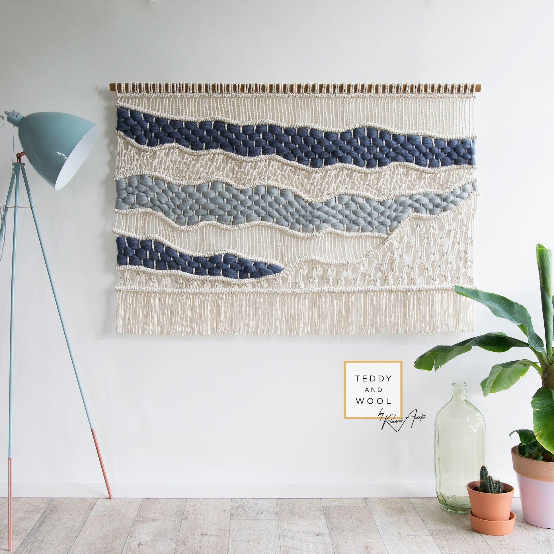 Laura Macrame wall hanging - Abstract Wall Art - Blue and White - MAIA HOMES