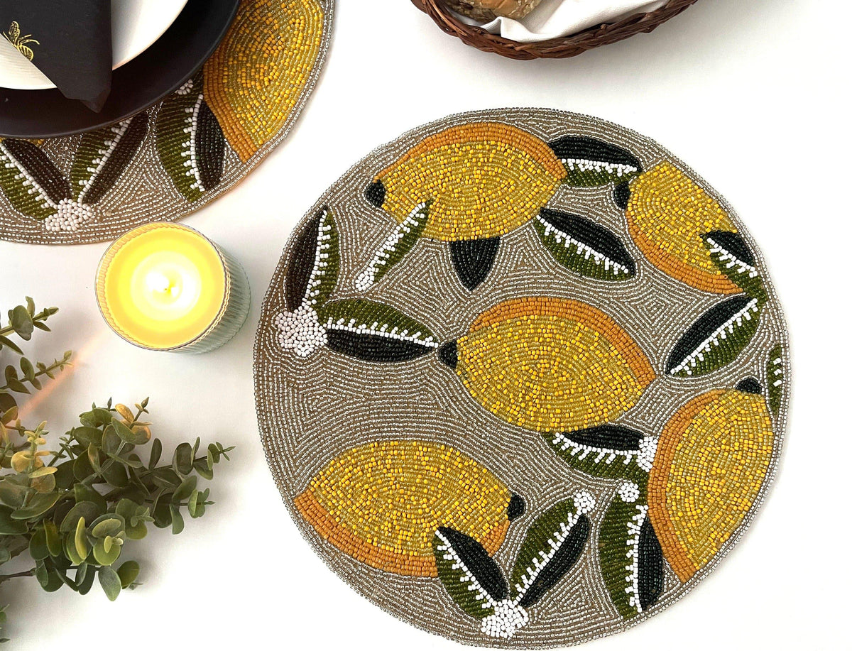 Lemon and Leaf Round Beaded Table Placemat Set of 6