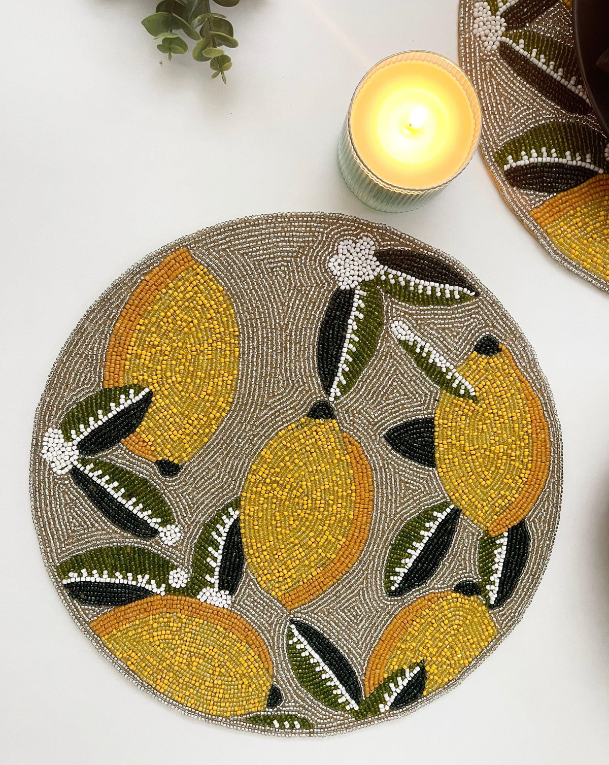 Lemon and Leaf Round Beaded Table Placemat