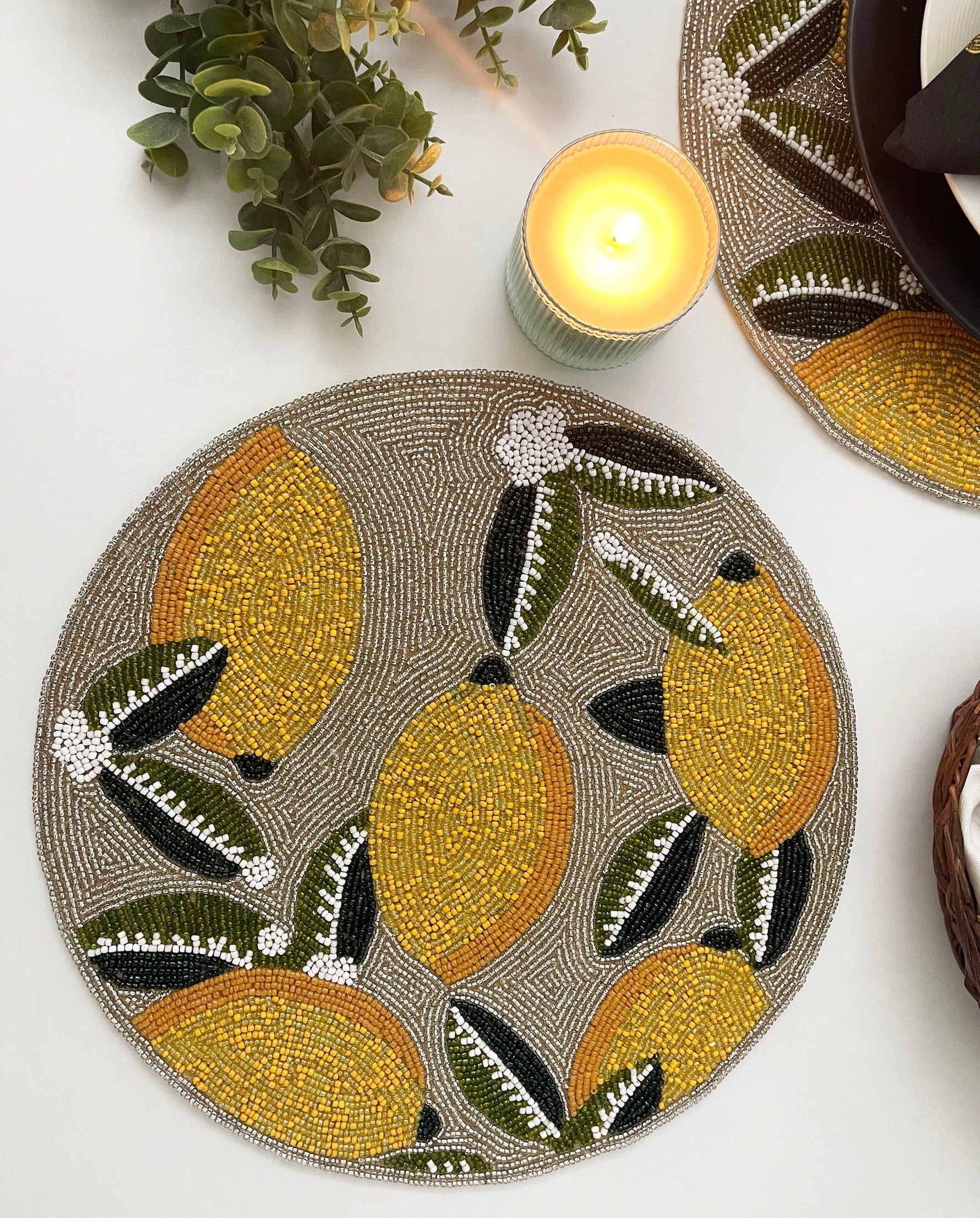 Lemon and Leaf Round Beaded Table Placemat