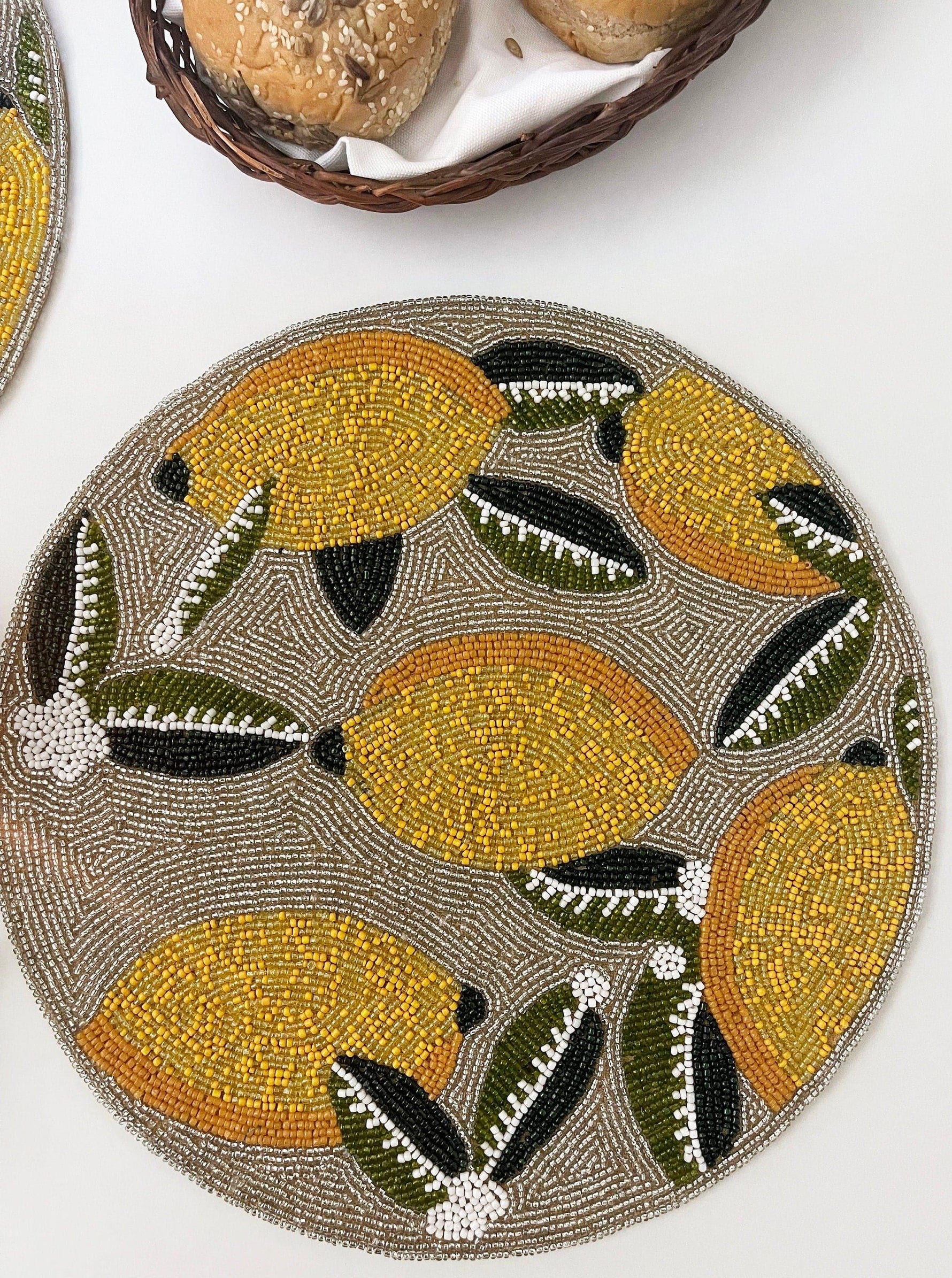 Lemon and Leaf Round Beaded Table Placemat