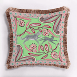 Leopard and Monkey Velvet Throw Pillow Cover with Fringes Matcha