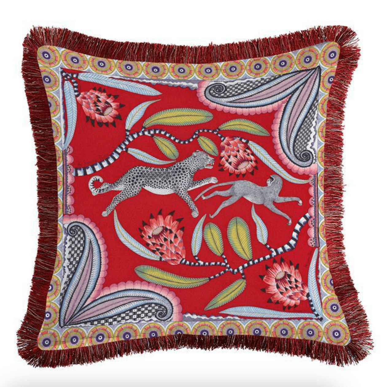 Leopard and Monkey Velvet Throw Pillow Cover with Fringes Red