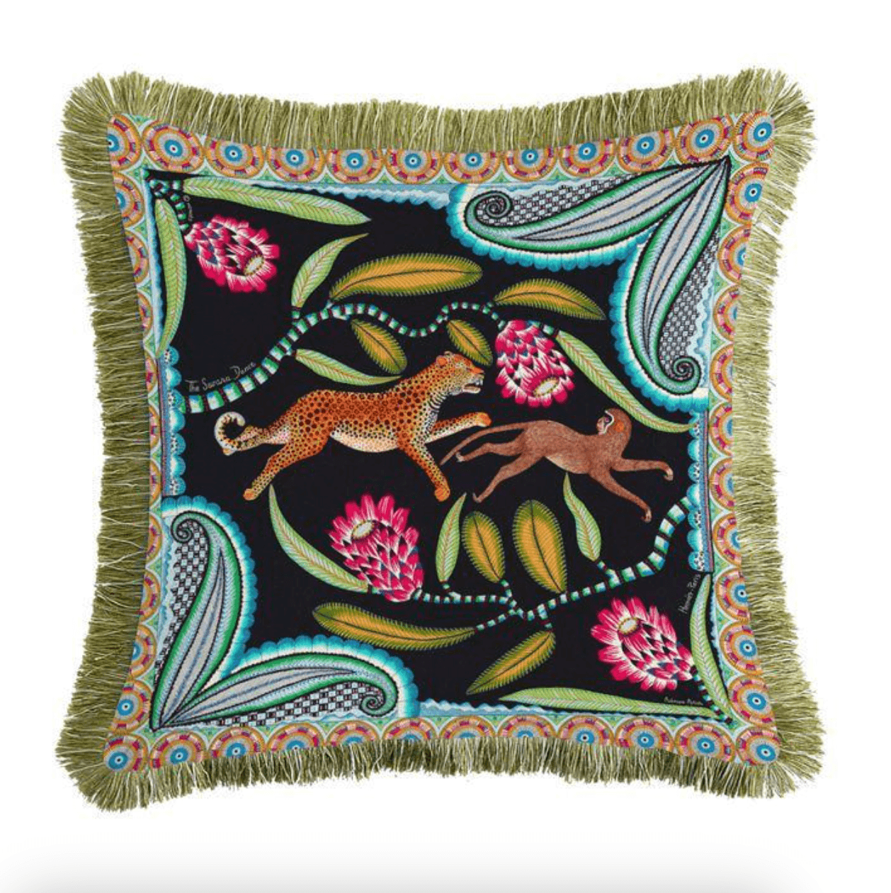 Leopard and Monkey Velvet Throw Pillow Cover with Fringes - MAIA HOMES