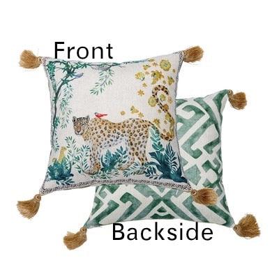 Leopard in the Jungle Pillow Cover with Golden Tassels - MAIA HOMES