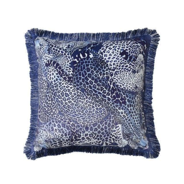 Leopard Luxury Velvet Throw Pillow Cover with Fringes 18" x 18" Blue