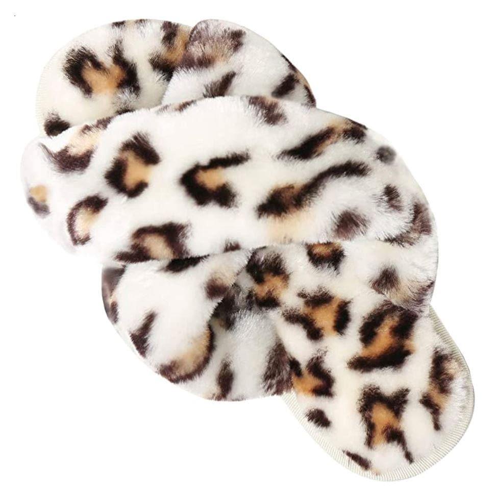 Leopard Print Faux Fur Cross Band Slippers