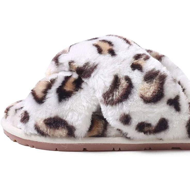 Leopard Print Faux Fur Cross Band Slippers