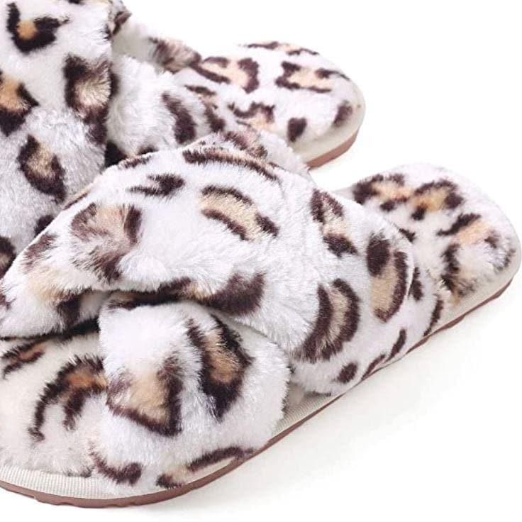 Leopard Print Faux Fur Cross Band Slippers