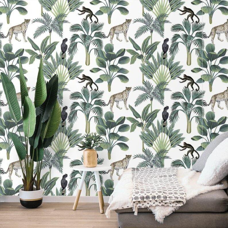 Leopards Monkey Parrot in the Tropical Jungle Wallpaper - MAIA HOMES