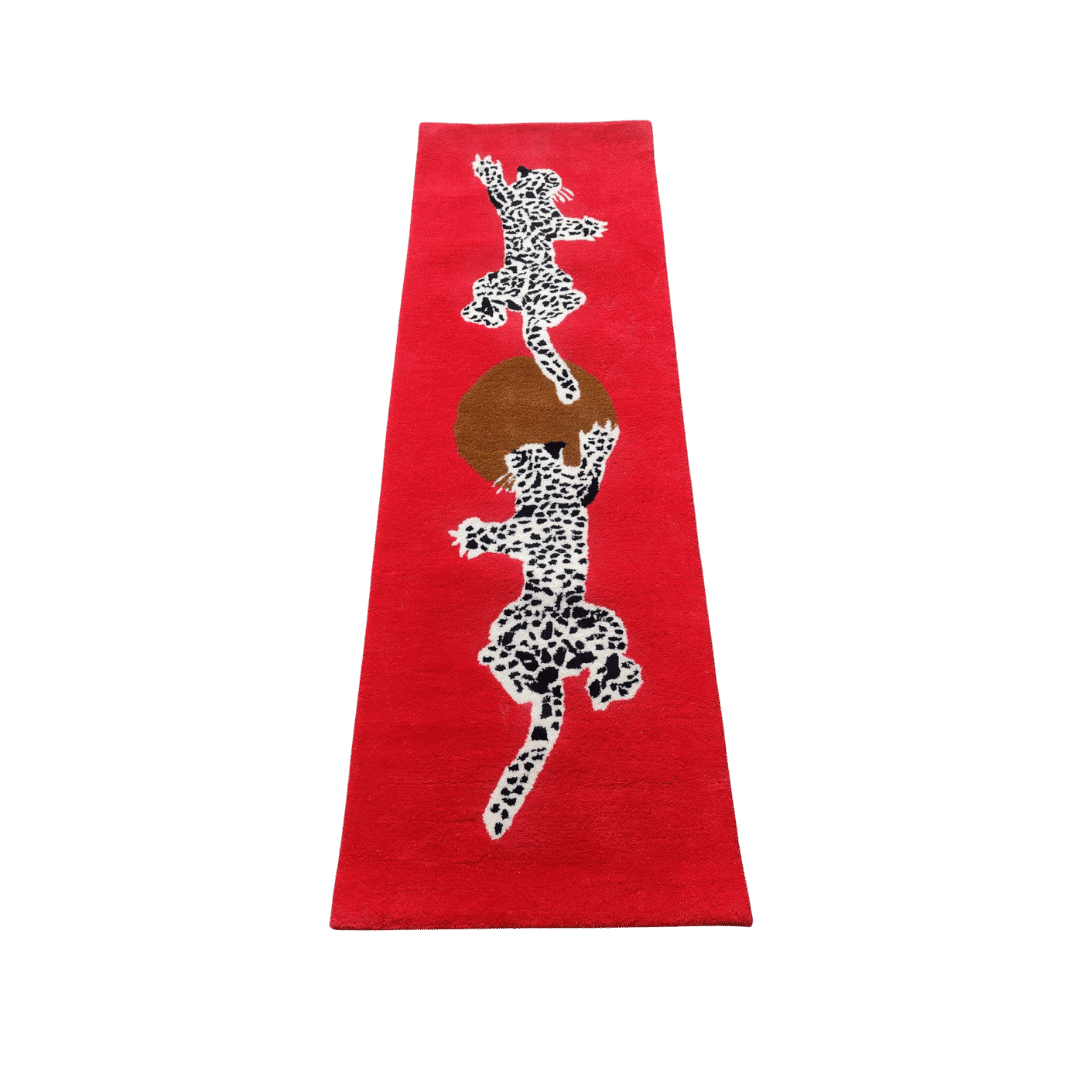 Leopards on Silky Road Hand Tufted Wool Rug Runner - Red - MAIA HOMES