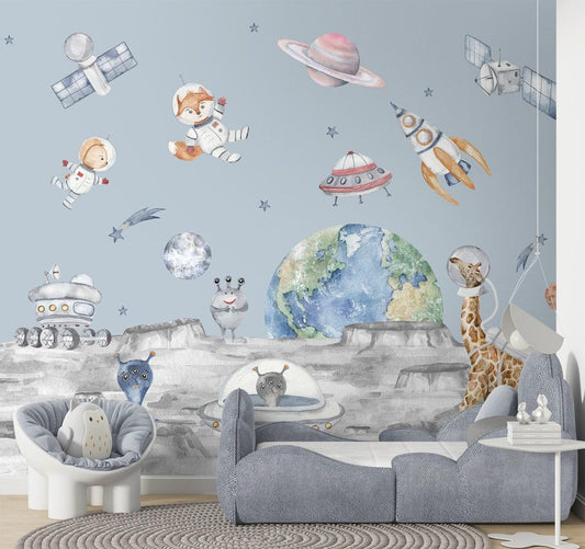 Lets Go on a Moon Walk, Cute Kids Room Wallpaper