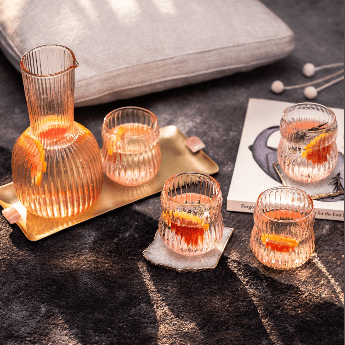 Light Amber Hand Blown Ribbed Roseate Carafe Set