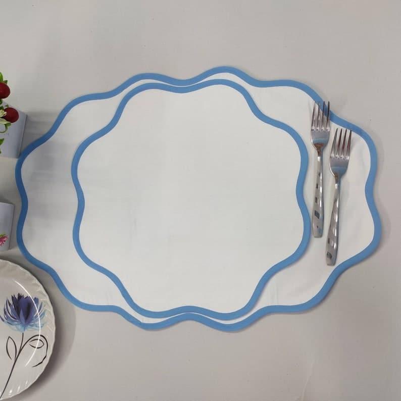 Light Blue Scalloped Cotton Placemats