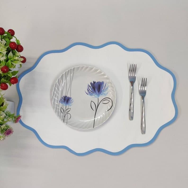 Light Blue Scalloped Cotton Placemats