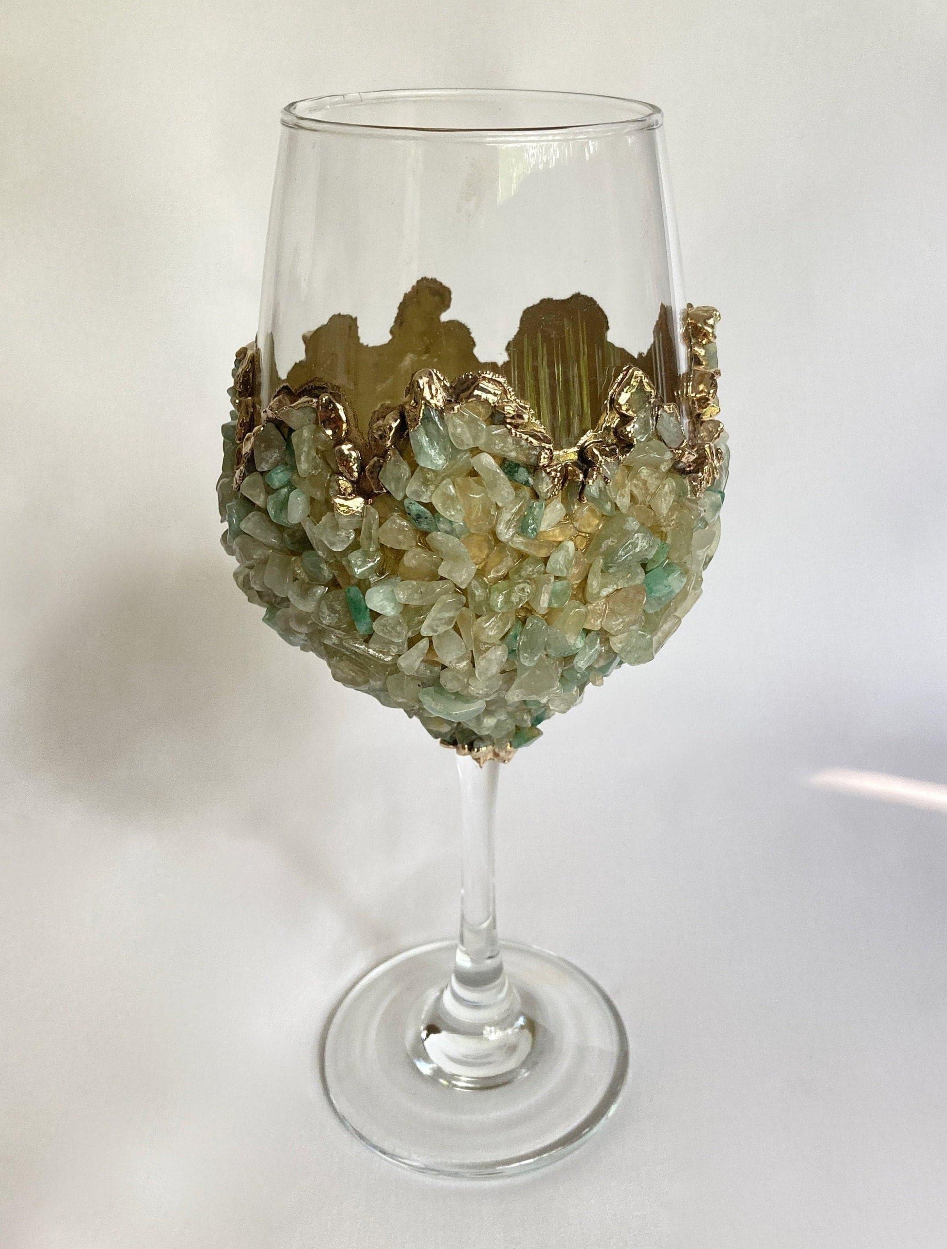 Light Green Quartz Wine Glass - Set of 2 Rose Gold Finish