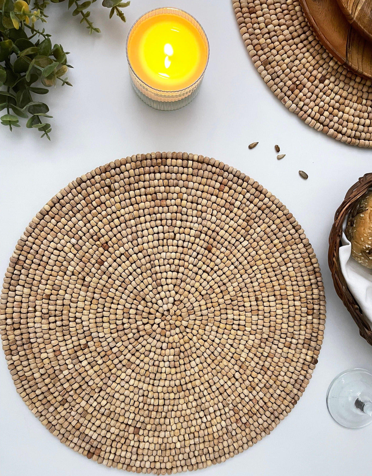 Light Oak Round Wooden Beaded Placemat