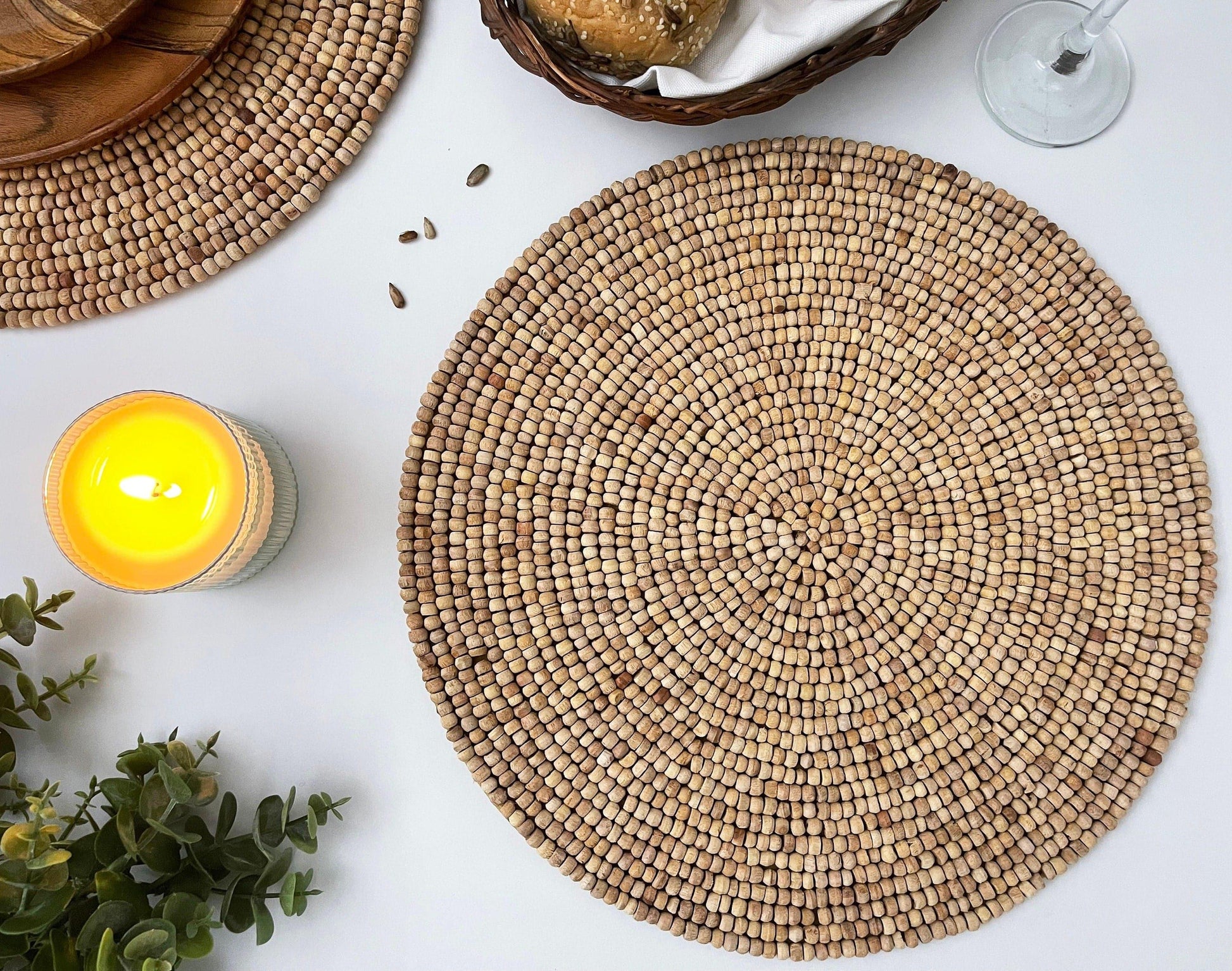 Light Oak Round Wooden Beaded Placemat - Set of 6 - MAIA HOMES