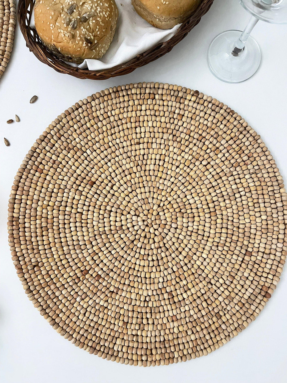 Light Oak Round Wooden Beaded Placemat