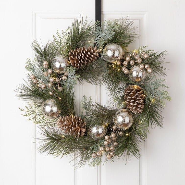 Lit Frosted Ball Berry Holly Pinecone Wreath With Lights Default Title