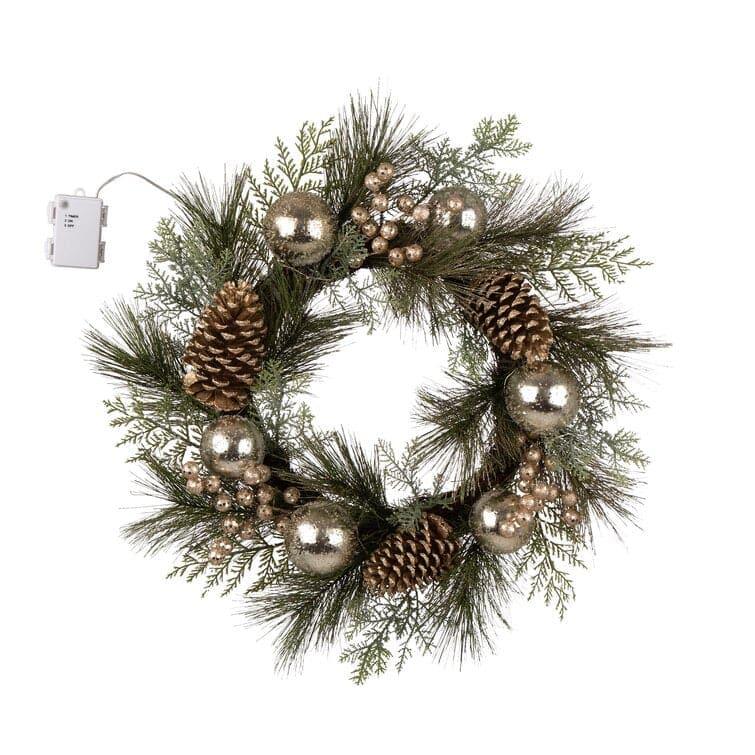 Lit Frosted Ball Berry Holly Pinecone Wreath With Lights