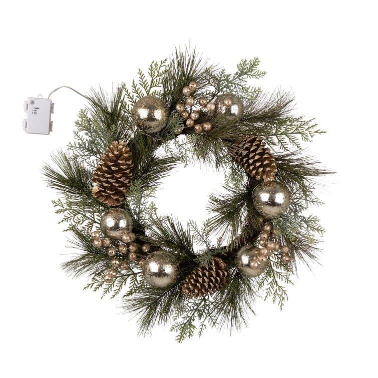 Lit Frosted Ball Berry Holly Pinecone Wreath With Lights - MAIA HOMES