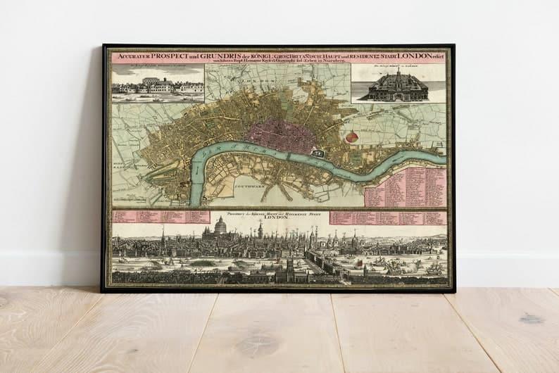 London City Map Wall Print| 1740 London Map - MAIA HOMES