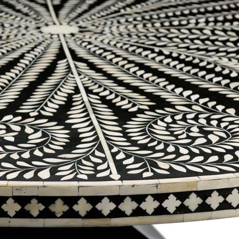 Lunar Hand Crafted Bone Inlay Floral Round Dining Table - MAIA HOMES