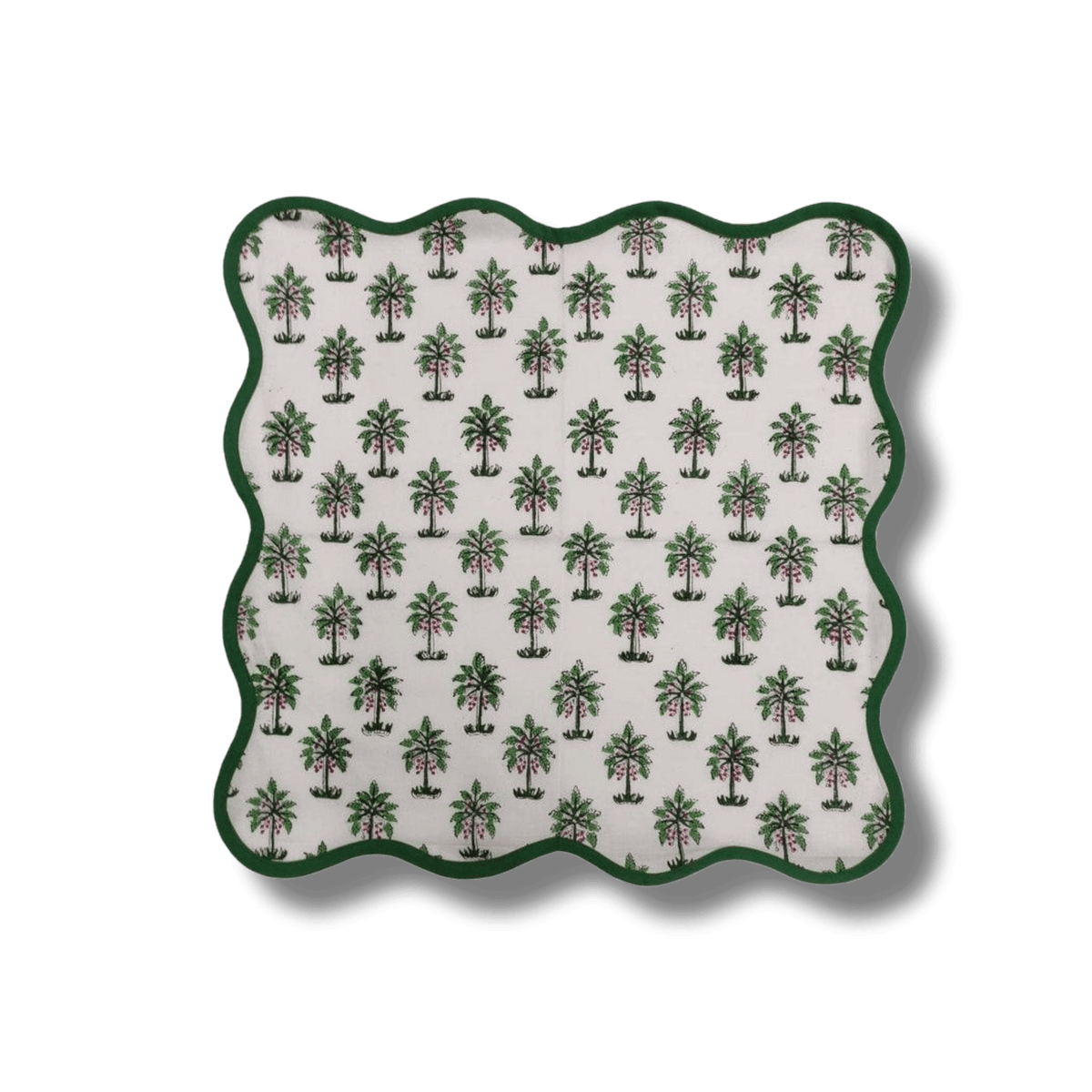 Lush Coconut Tree Block Printed Green and White Cotton Napkins