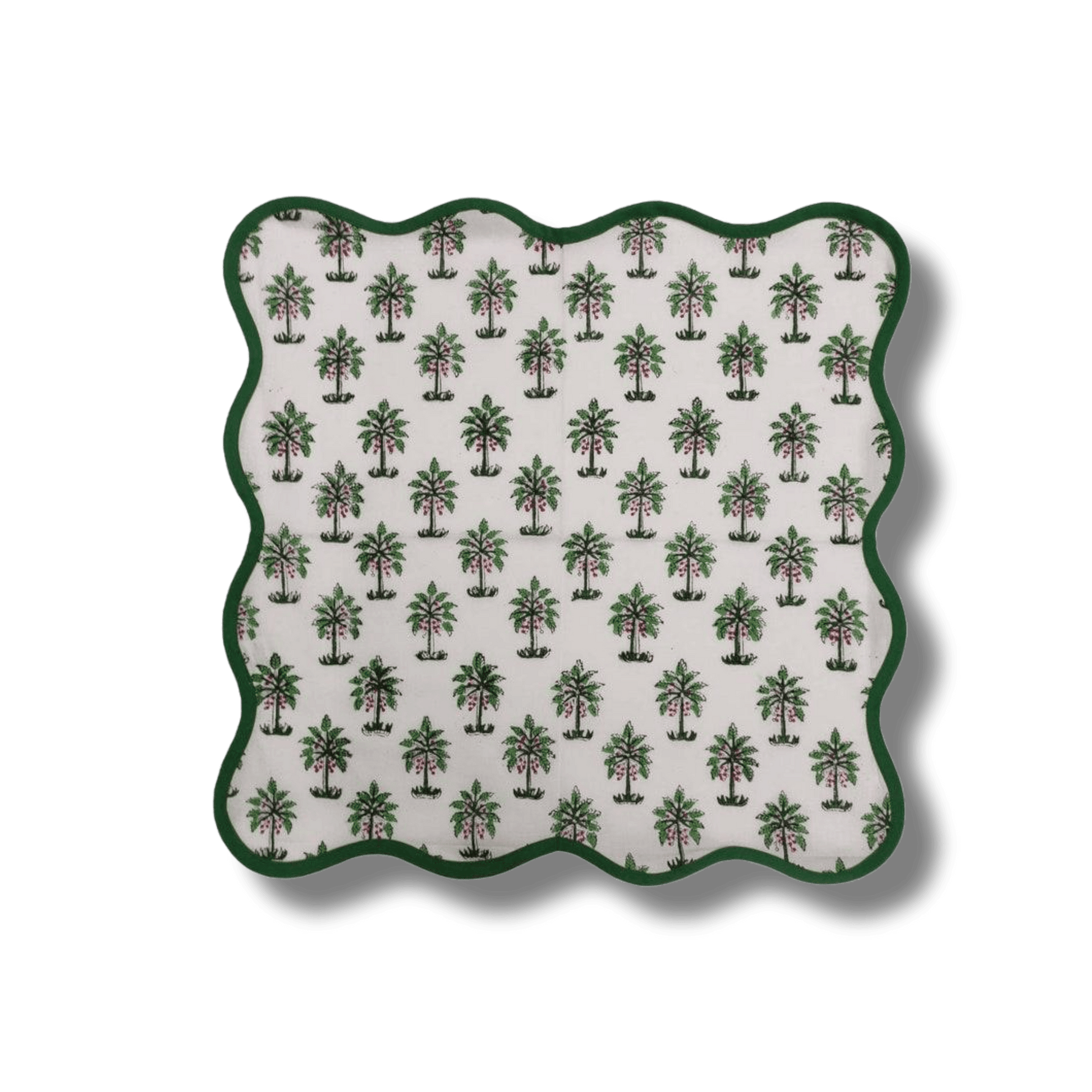 Lush Coconut Tree Block Printed Green and White Cotton Napkins