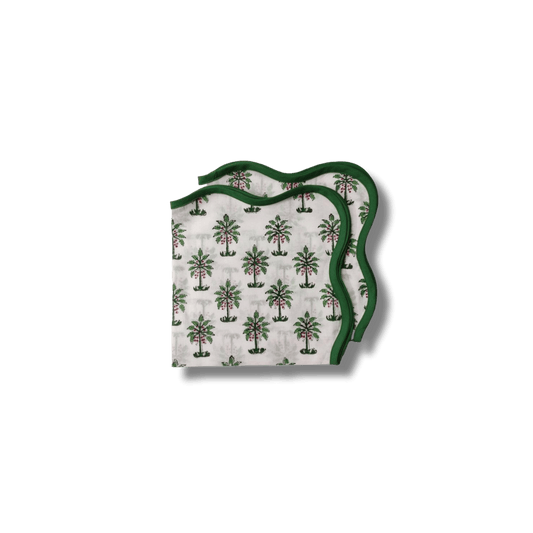 Lush Coconut Tree Block Printed Green and White Cotton Napkins - MAIA HOMES