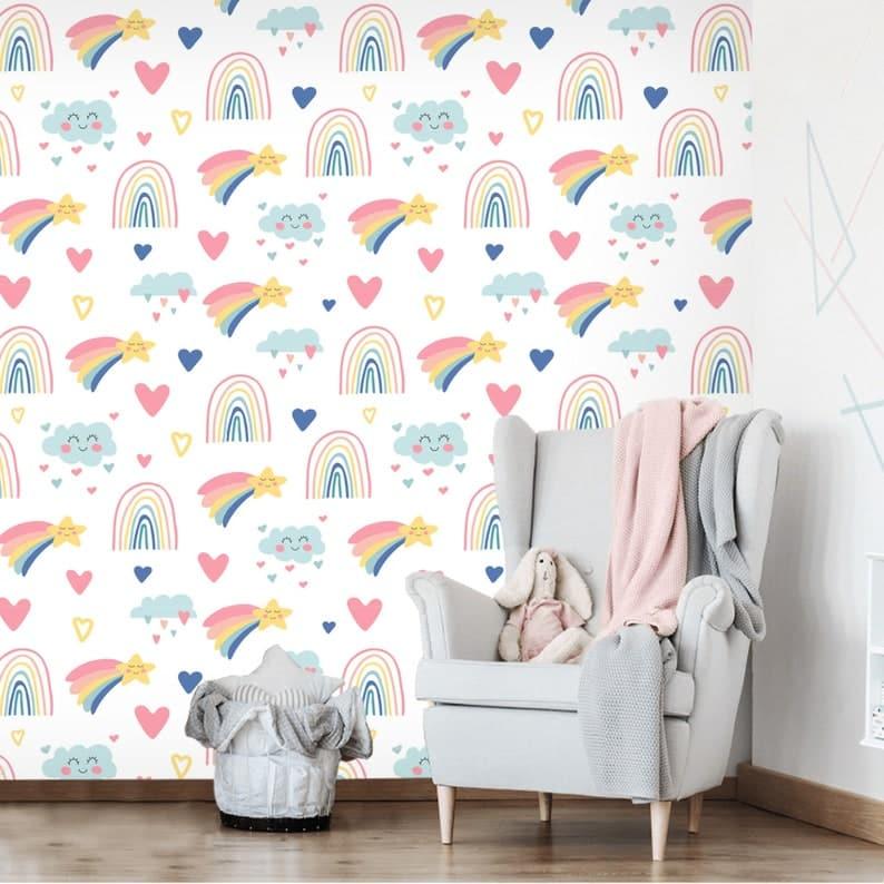 Magic Rainbow Nursery White Wallpaper