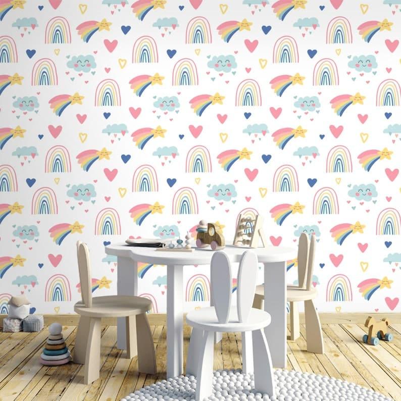 Magic Rainbow Nursery White Wallpaper