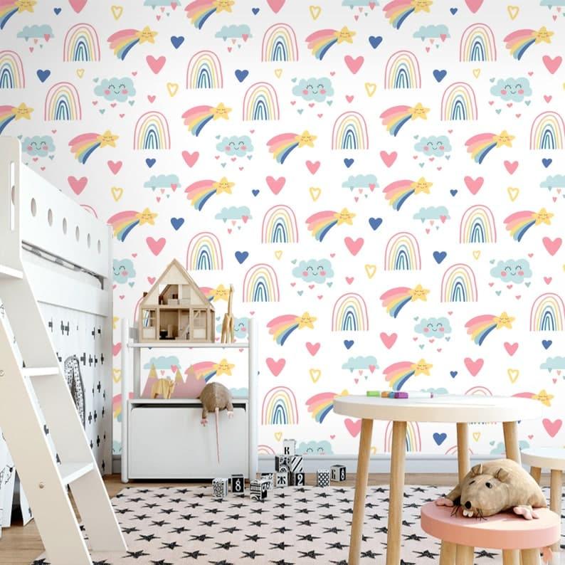 Magic Rainbow Nursery White Wallpaper