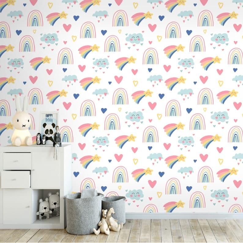 Magic Rainbow Nursery White Wallpaper