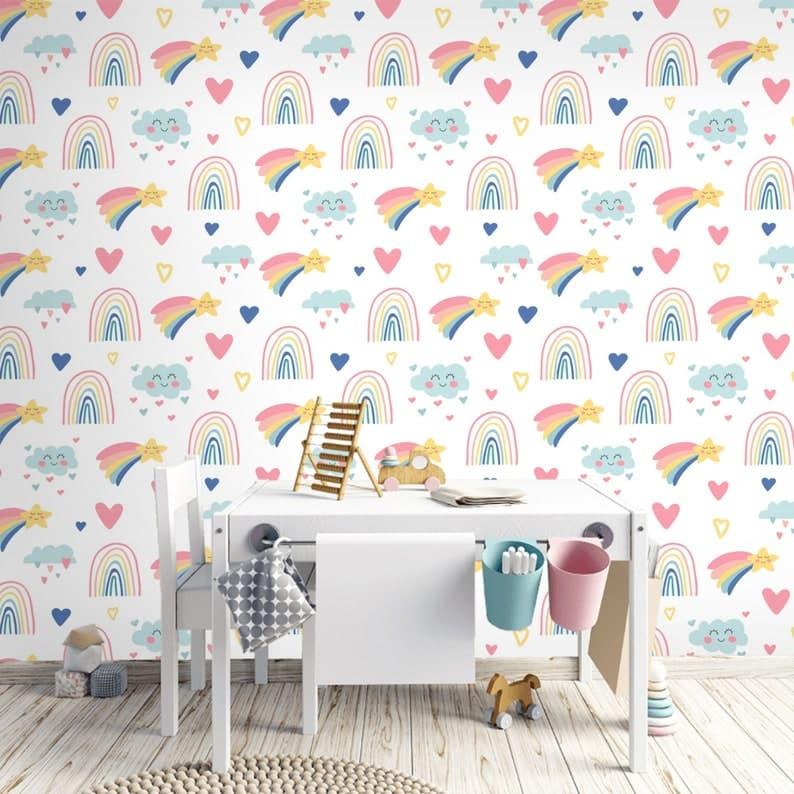 Magic Rainbow Nursery White Wallpaper