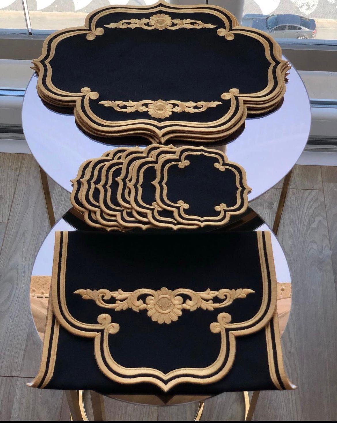 Maia Royale Gold Trim Embroidered Table Linen 13 Pcs Set