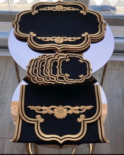 Maia Royale Gold Trim Embroidered Table Linen 13 Pcs Set 6 People Set Black Cotton