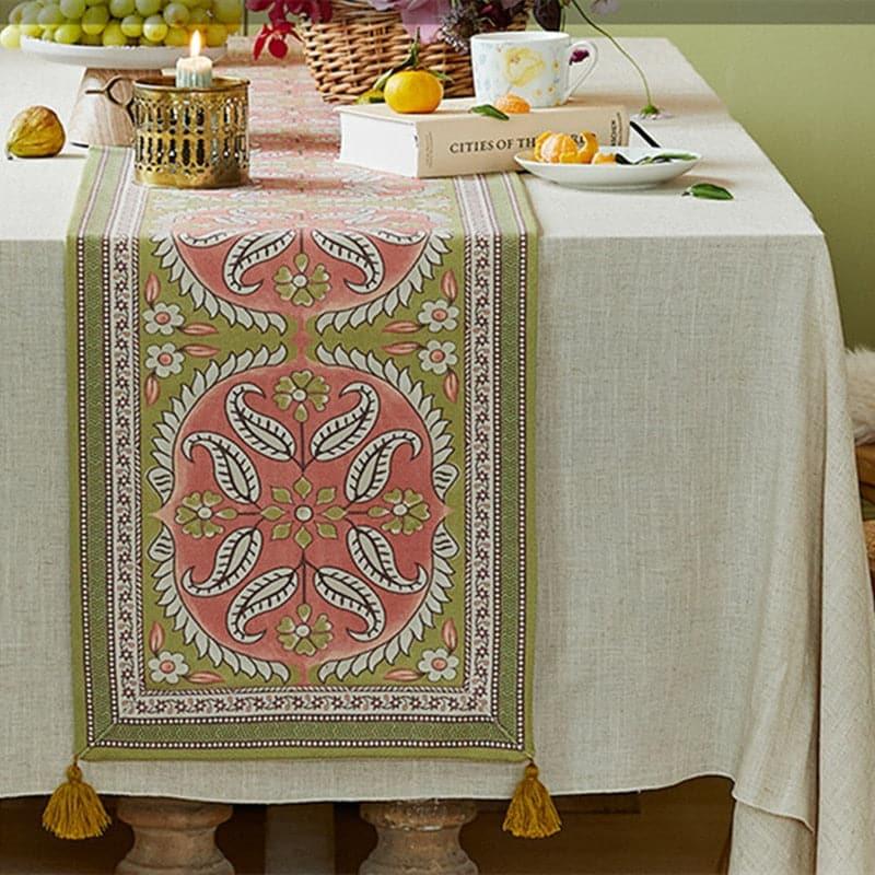 Mandala Floral Dahlia Wool Table Runner with Tassel