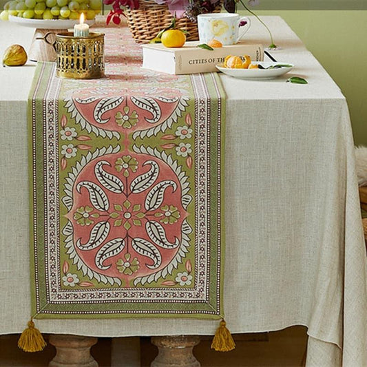 Mandala Floral Dahlia Wool Table Runner with Tassel