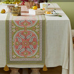 Mandala Floral Dahlia Wool Table Runner with Tassel Jacquard Green Table Runner